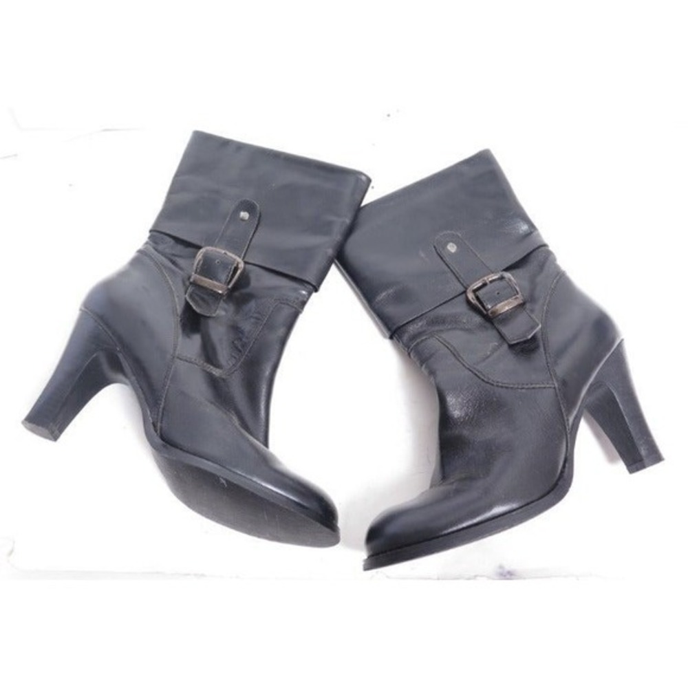 Tevonna Black Leather Fold Over Buckle Heeled‎ Ankle Boots Women's Size 9M